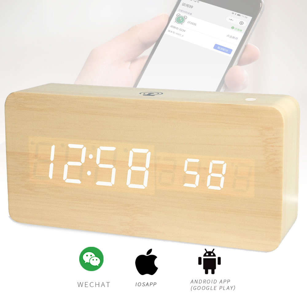 APP control Smart LED Digital Alarm Clock Rechargeable Woodgrain